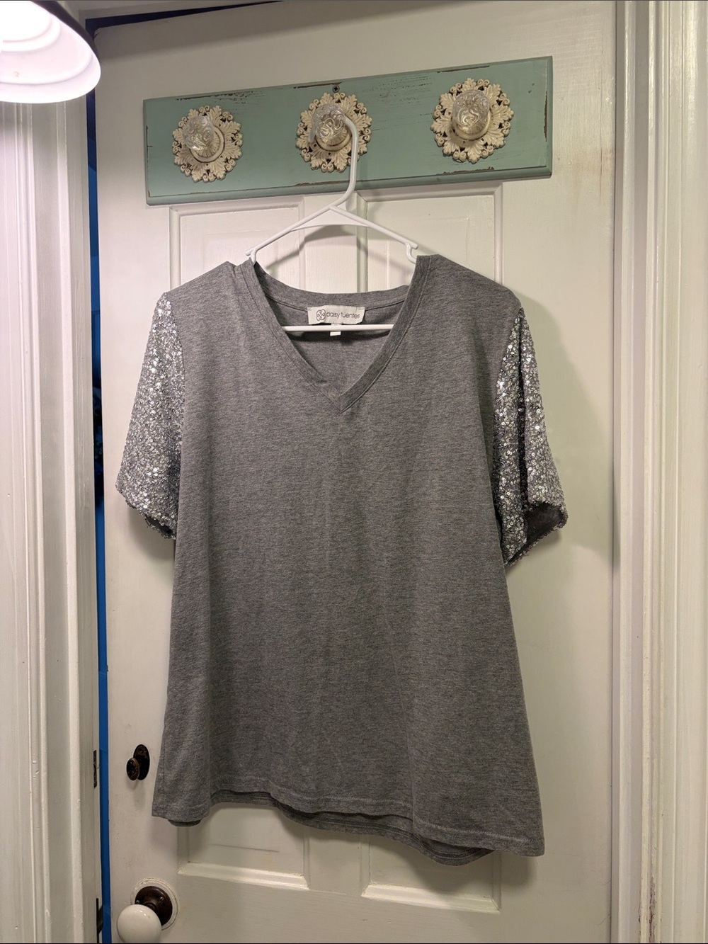Daisy Fuentes Grey V-Neck Top with Silver Sequin Sleeves